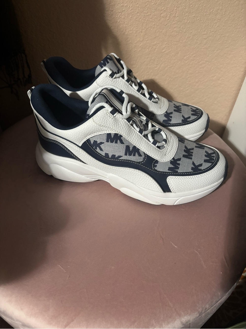 Michael Kors White and Navy MK Logo Runner Sneakers